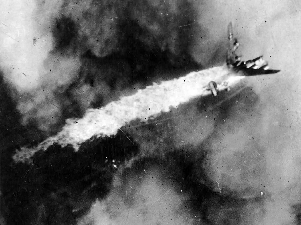 B-24 of the 8th AF 2nd AD goes down in flames during an attack on the railway marshalling yards at Munster Germany