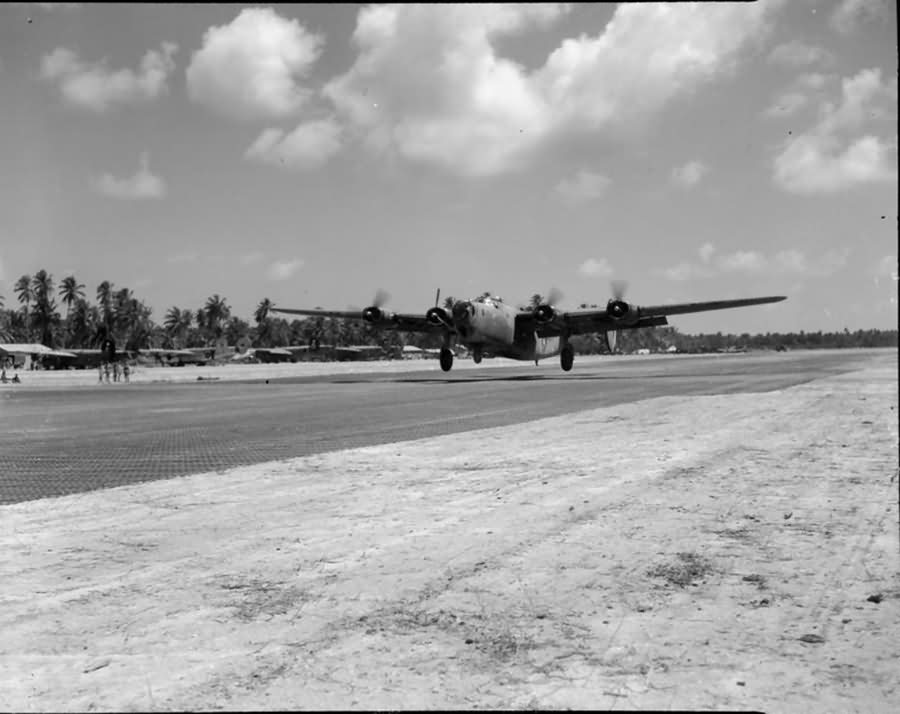 Liberator B Mk VI of No 356 Squadron RAF landing on three engines at Browns West Island Cocos Islands 1945