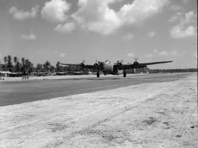 Liberator B Mk VI of No 356 Squadron RAF landing on three engines at Browns West Island Cocos Islands 1945