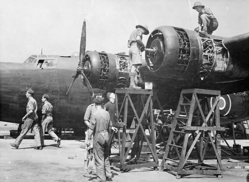 Mechanics servicing the Pratt & Whitney Twin Wasp radial engines of a Liberator Mk II of No 159 Squadron RAF at Salbani India