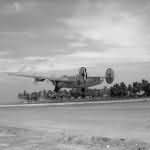 British Liberator B Mk VI KN752 code „F” of No 356 Squadron RAF takes off from the unfinished runway at Browns West Island