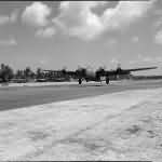 Liberator B Mk VI of No 356 Squadron RAF landing on three engines at Browns West Island Cocos Islands 1945