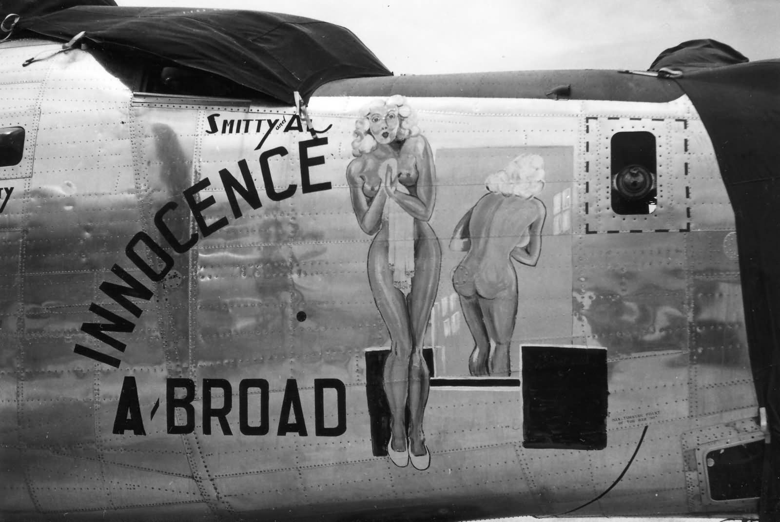 B-24 Liberator bomber Nose Art 494th Bomb Group Innocence A Broad
