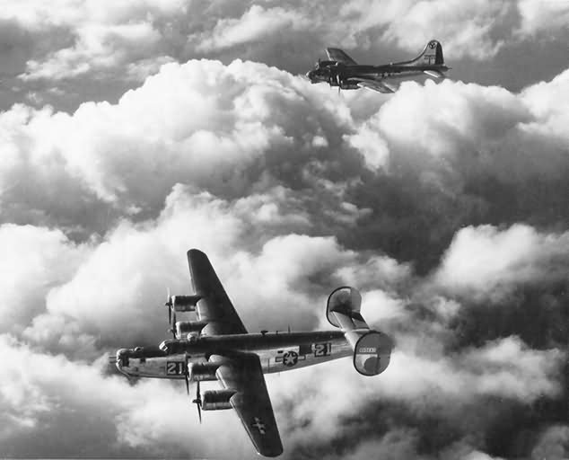 B-24L Liberator #21 44-49647 and B-17G 44-6643 of the 2nd BG 96th BS over Linz Austria 724th Bomb Squadron 451st Bomb Group