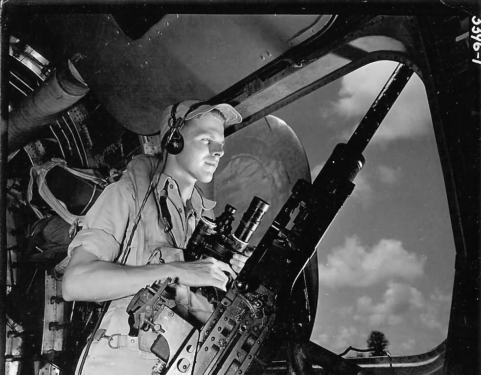 Waist Gunner in Position on B-24 Liberator During Mission