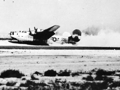 B-24 Liberator battle damaged 460 Bomb Group belly landing in Italy 1944