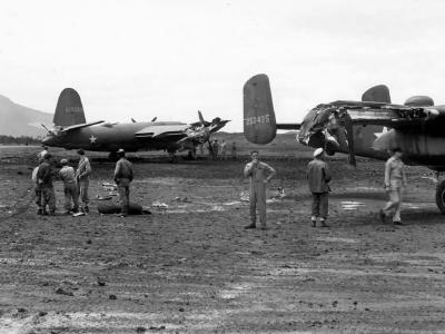 13th Air Force B-26 and B-25 42-53435 after collision New Caledonia SWPA 1943