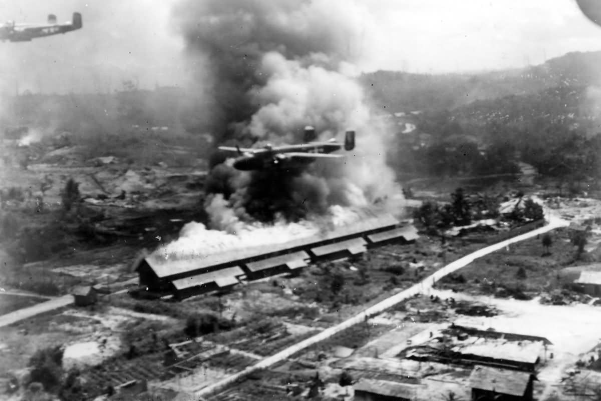 B-25 Mitchell of 42nd Bomb Group low altitude raid on Balikpapan 1945