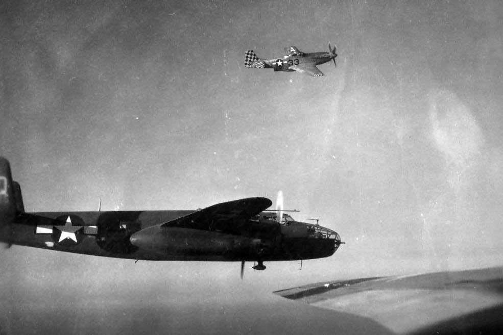 P-51D of the 325th FG escorting a 12th AF B-25J 340 BG over Italy during 1945