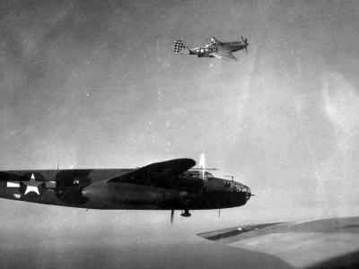 P-51D of the 325th FG escorting a 12th AF B-25J 340 BG over Italy during 1945