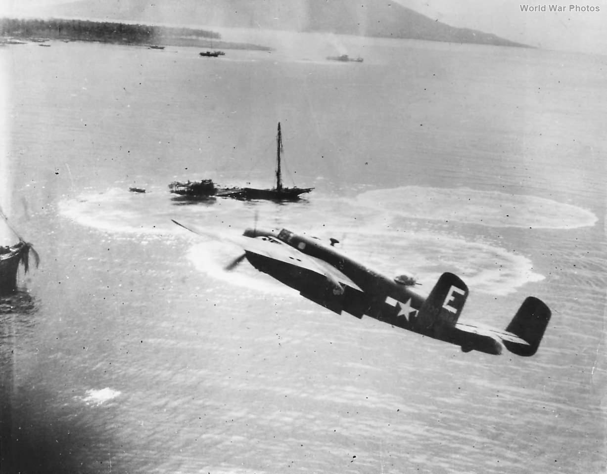 B-25 of the 3rd BG, 8th BS bombs Japanese Ship in Hansa Bay 1944