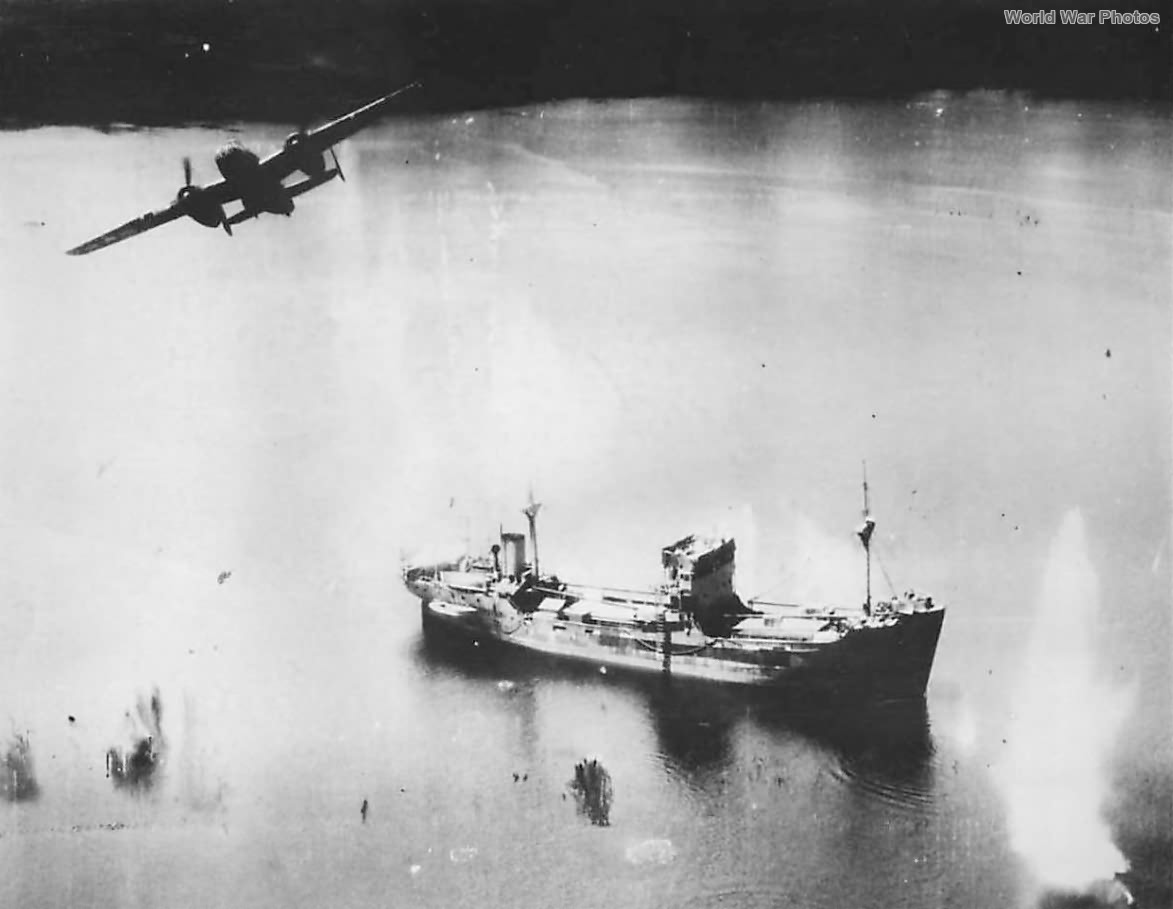 B-25 of 5th AF blasts Japanese freighter off the Northern coast of New Guinea 1944
