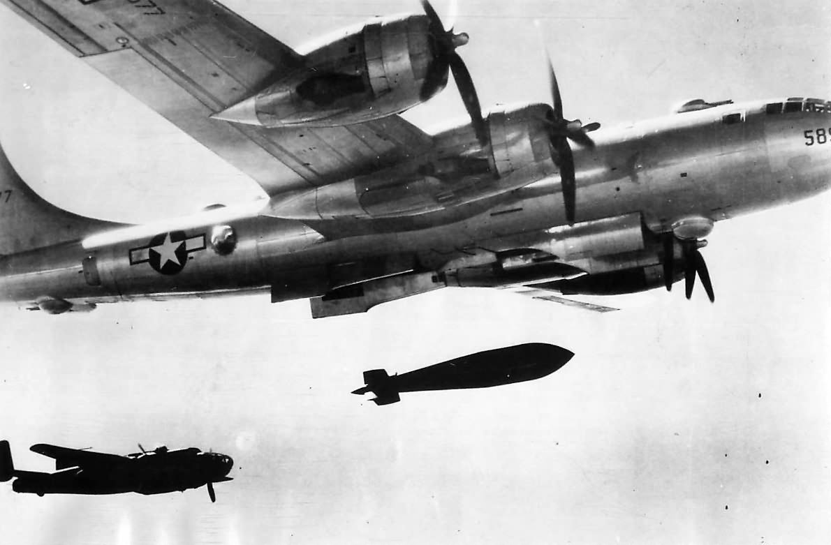 5400 kg (12,000 lb) Tallboy aka Blockbuster bomb falling from B-29 Superfortress, 1945