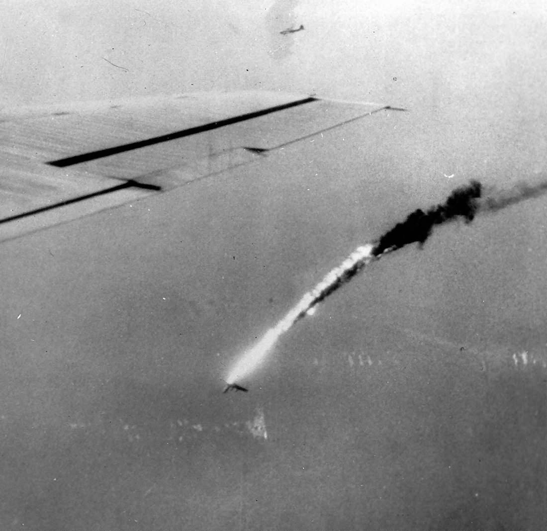 B-29 Superfortress from 21st BC falls to sea after hit over Japan 1945