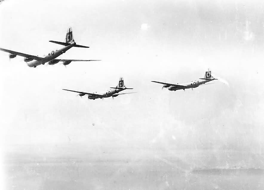 B-29 Superfortress bombers from 29th Bomb Group in flight during World War II