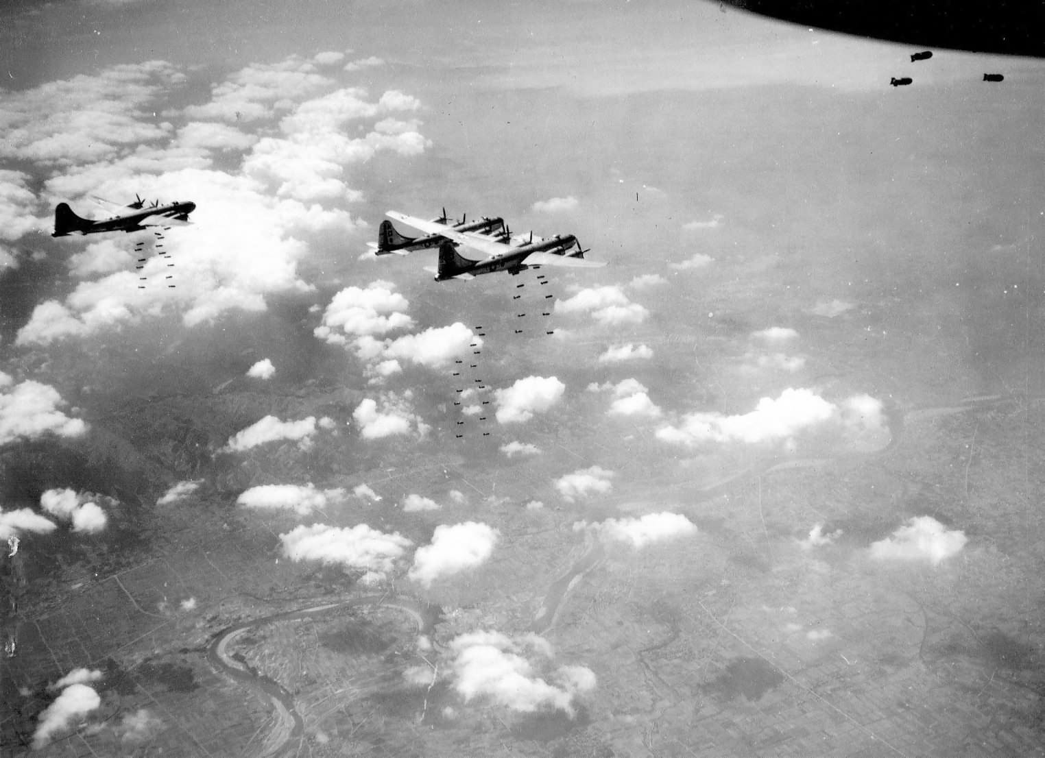 B-29 Superfortress drop their bombs on Tachiarai, Japan