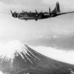 B-29 Superfortress V 46 of the 499th BG flies over Mount Fuji during World War II