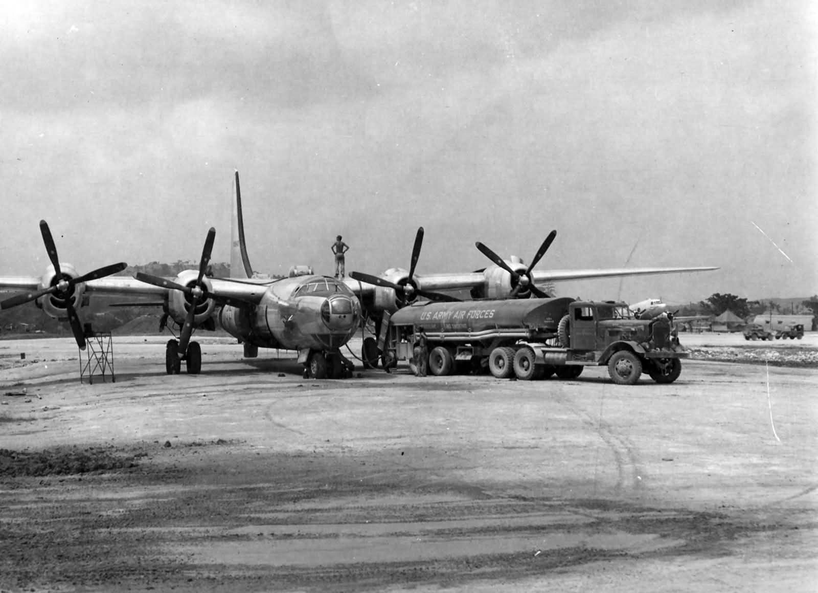 B-32 Dominator 42-108543 of the 312th Bomb Group refueling Yontan airfield Okinawa