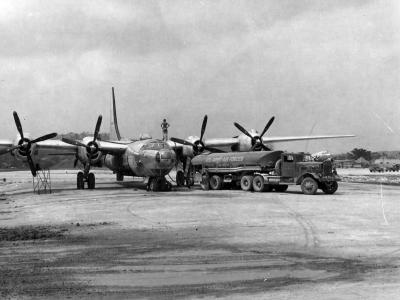 B-32 Dominator 42-108543 of the 312th Bomb Group refueling Yontan airfield Okinawa