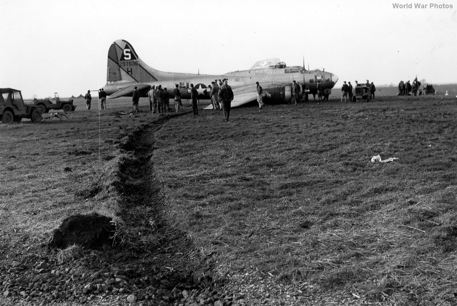 B-17G 42-97636 of 401st BG after crash landing at Deenethorpe