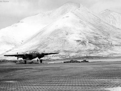 28th Bomb Squadron B-25 takeoff at Alexai Point Attu 1943