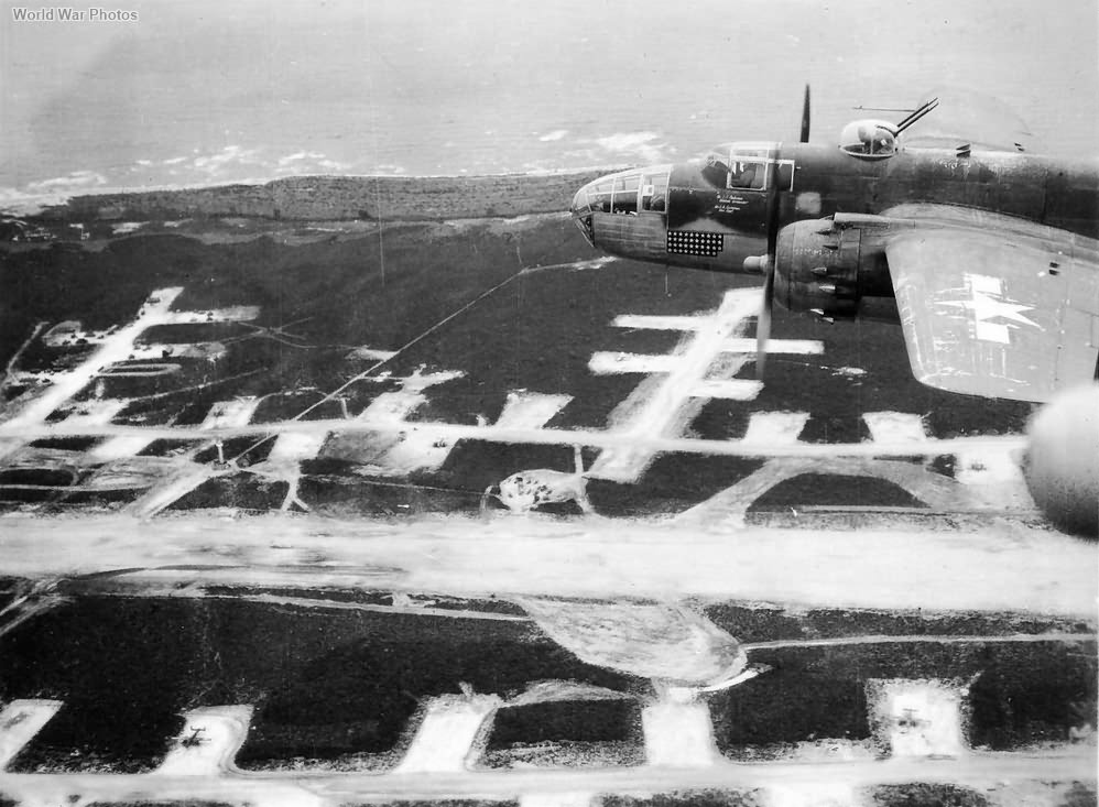 B-25 43-27791 448th BS 321st BG flying over Solenzara airfield