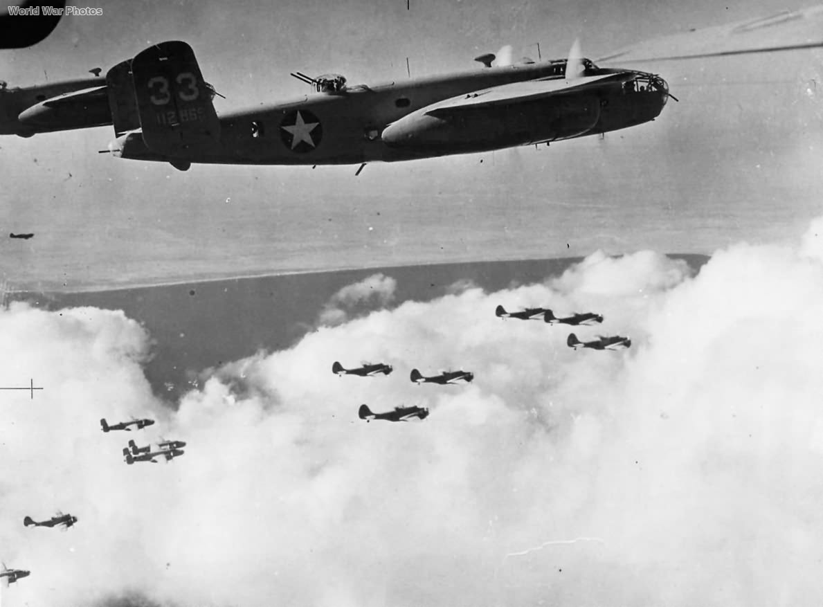 B-25 and SAAF Baltimores flying over North Africa April 1943