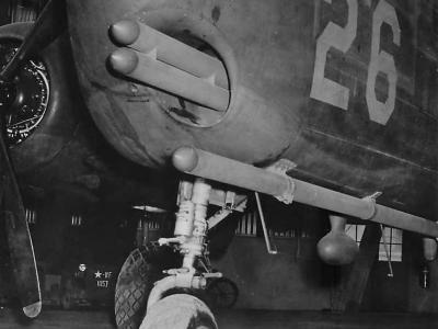 B-25 with rocket launcher in nose at Wright Field