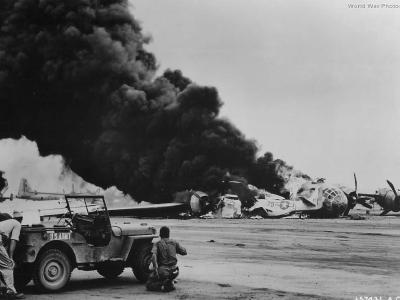 21st BC B-29 burns after crash landing on Iwo Jima 1945
