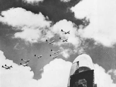 29th BG B-29s leave Guam for raid on Japan 1945