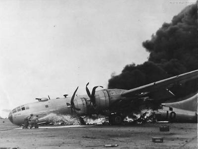 Burning B-29 of the 504th BG after emergency landing on Iwo Jima