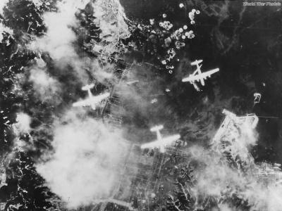 B-29s of 462nd BG Hellbirds bombing Kure Naval Base 1945