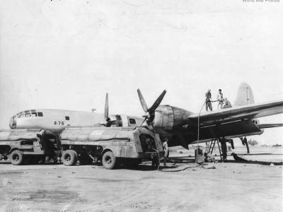 Crew gasses up B-29 in China for bombing of Yawata June 1944