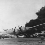 Burning B-29 of the 504th BG after emergency landing on Iwo Jima