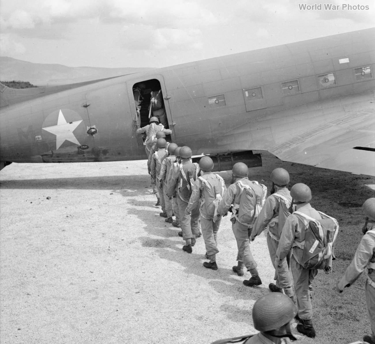 Paratroops board a Skytrain