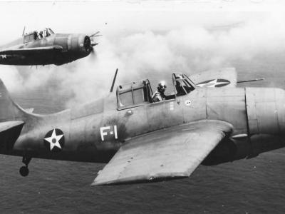 F4F-3A Wildcats of VF-3: F-1 pilot LCdr John Thach and F-13 pilot Lt Edward O’Hare April 1942