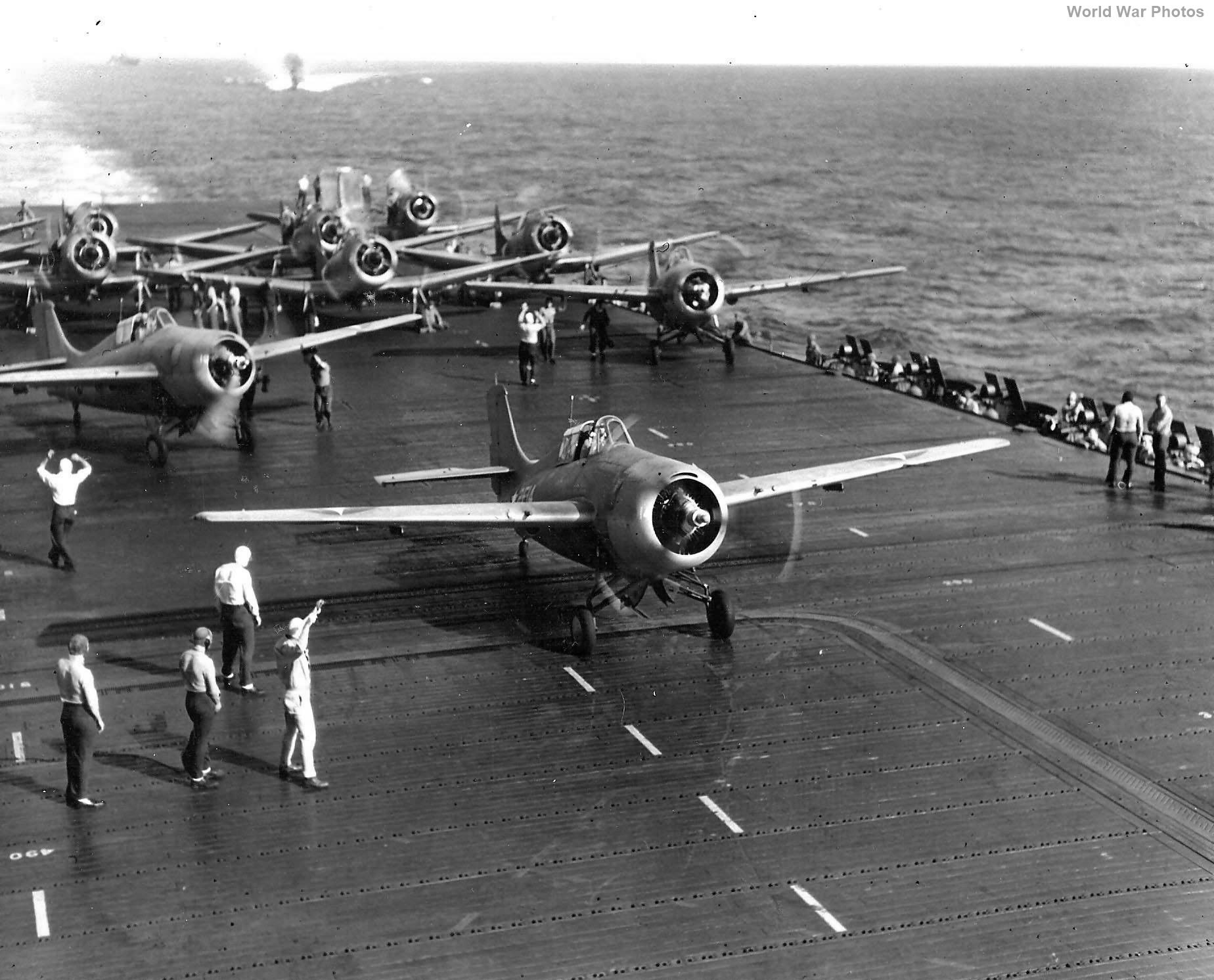 F4F-3 of VF-6 leads a pack of aircraft readying for launch