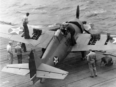 F4F-4 Wildcat code 6F9 of VF-6 flight deck of the carrier Enterprise CV-6, 10 April 1942