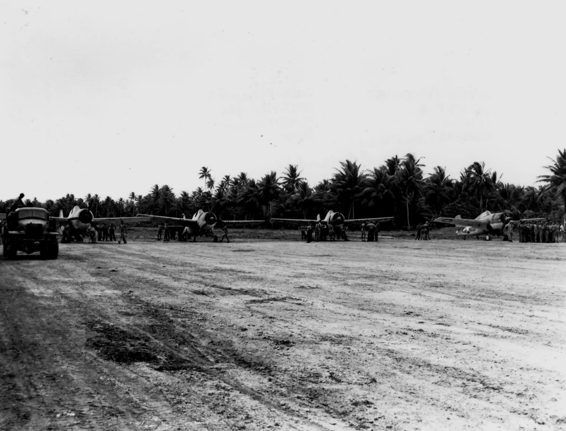 F4F-4 Wildcats of VMF-441 at the airfield on Nanumea in the Ellice Islands in September 1943