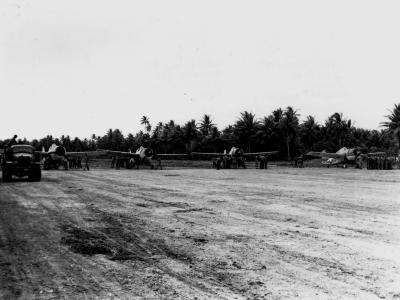 F4F-4 Wildcats of VMF-441 at the airfield on Nanumea in the Ellice Islands in September 1943