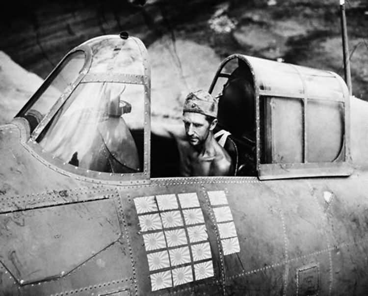 F4F Wildcat Sgt. R.W.Greenwood in cockpit Henderson Field Guadalcanal