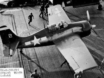 FM-2 Wildcat code 2 of VC-84 on the flight deck of the escort carrier USS Makin Island CVE-93 invasion of Luzon in the Philippines, 8 January 1945