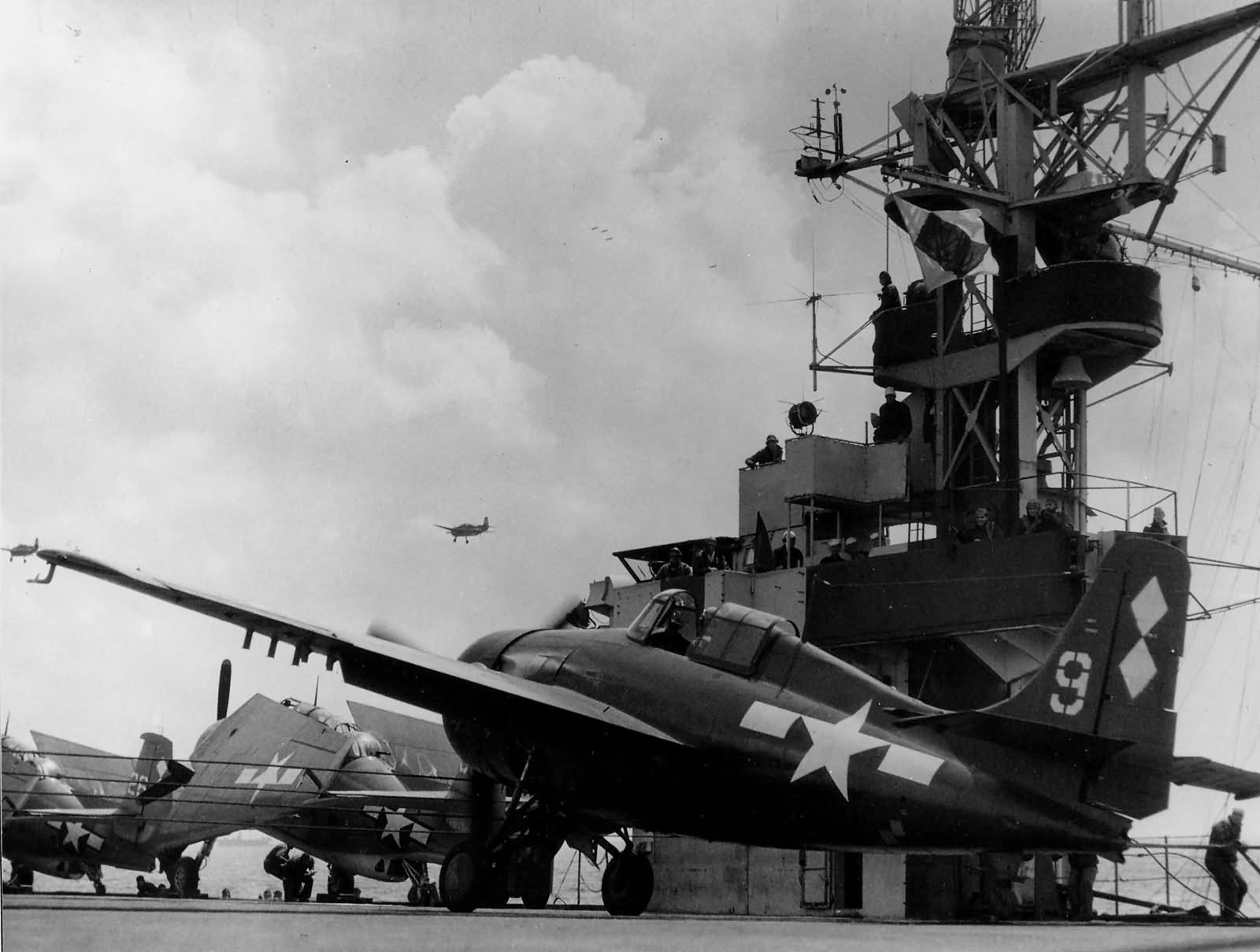 FM-2 Wildcat 9 of VC-79 after catching a wire on board the escort carrier USS Sargent Bay CVE-83 – Okinawa 25 March 1945