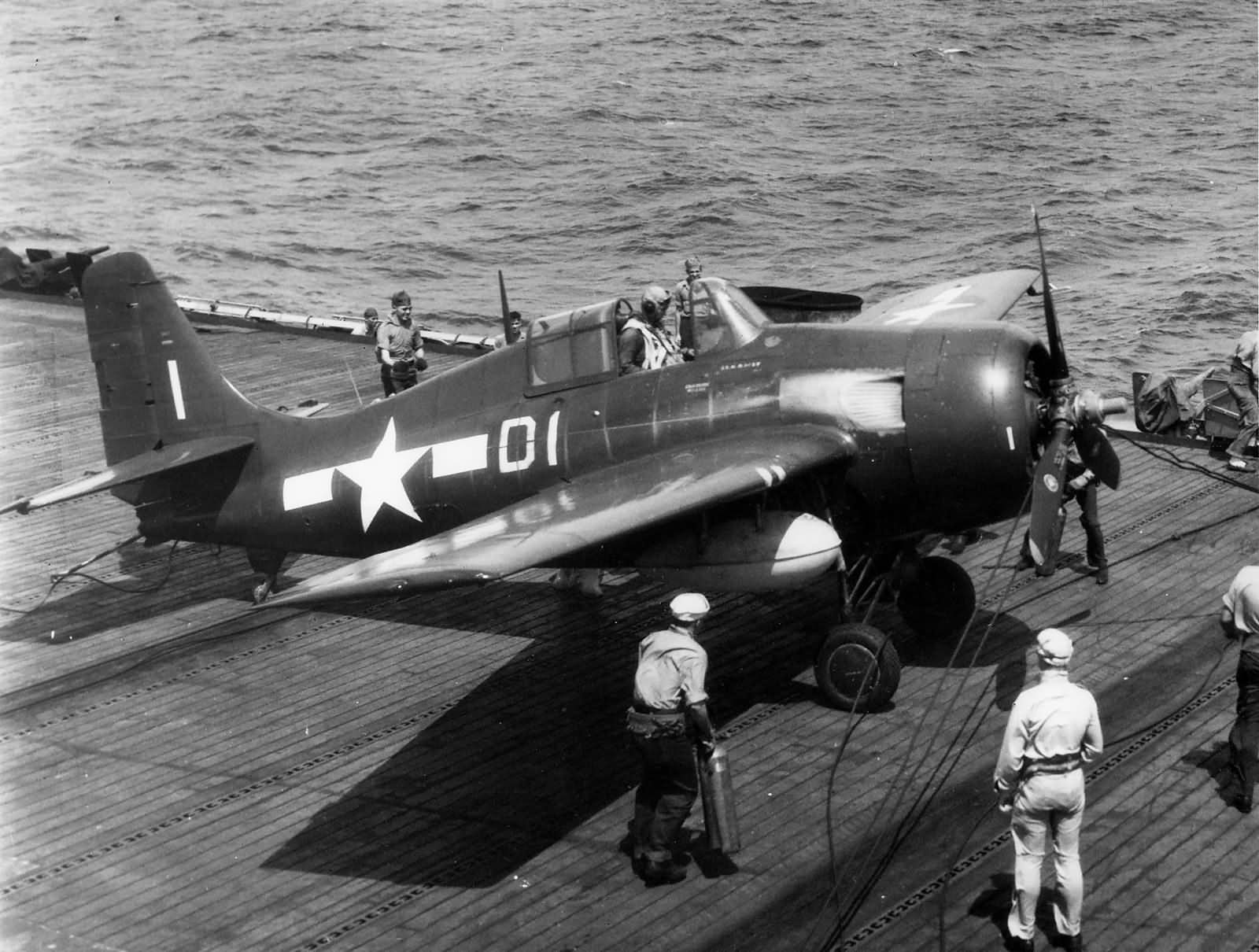 FM-2 Wildcat code D1 of VC-79 after engaging the barricade on board carrier USS Sargent Bay CVE-83 – 7 February 1945