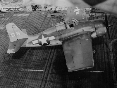 FM-2 Wildcat of VC-14 on the flight deck of the escort carrier USS Hoggatt Bay CVE-75 Philippines 22 November 1944