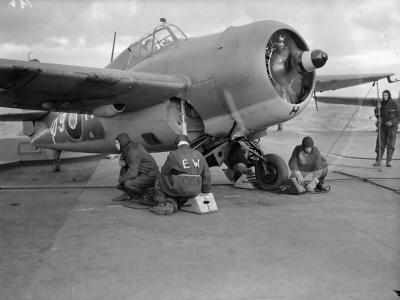 Grumman Martlet Mk IV FN144 is warmed up on board HMS Formidable