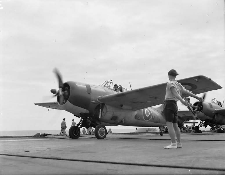 Grumman Wildcat of No 881 Squadron FAA take off from HMS Illustrious Indian Ocean