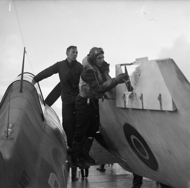 Pilot examining flak damage to aileron of his Wildcat December 1944
