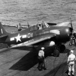 FM-2 Wildcat code D1 of VC-79 after engaging the barricade on board carrier USS Sargent Bay CVE-83 – 7 February 1945