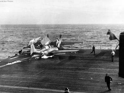 Crash of FM-1 BuNo 46789 on flight deck of USS Manila Bay 16 December 1943